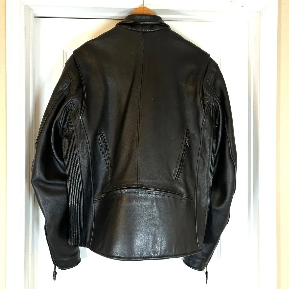 UNIK Premium Mens Heavy Black Leather Motorcycle Jacket Size 48‎ Cross Zip Liner